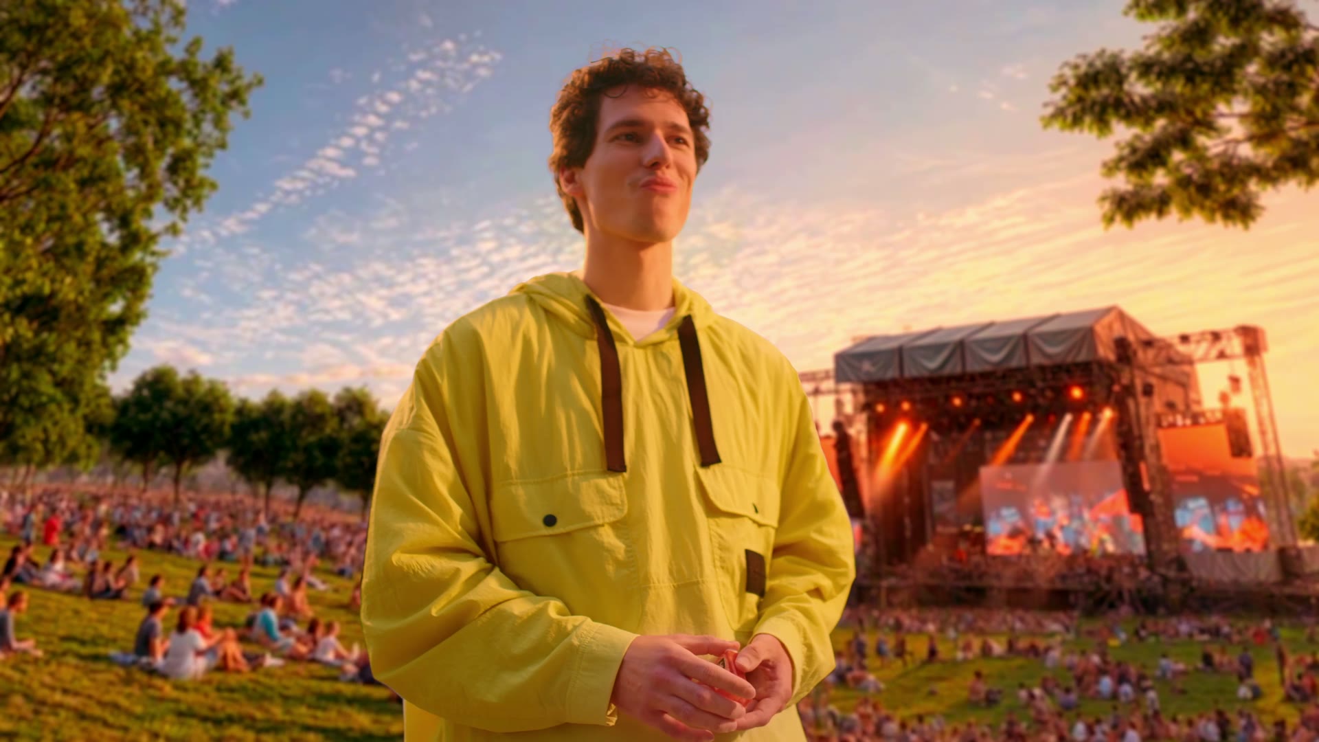 Film frame: character against a festival stage.