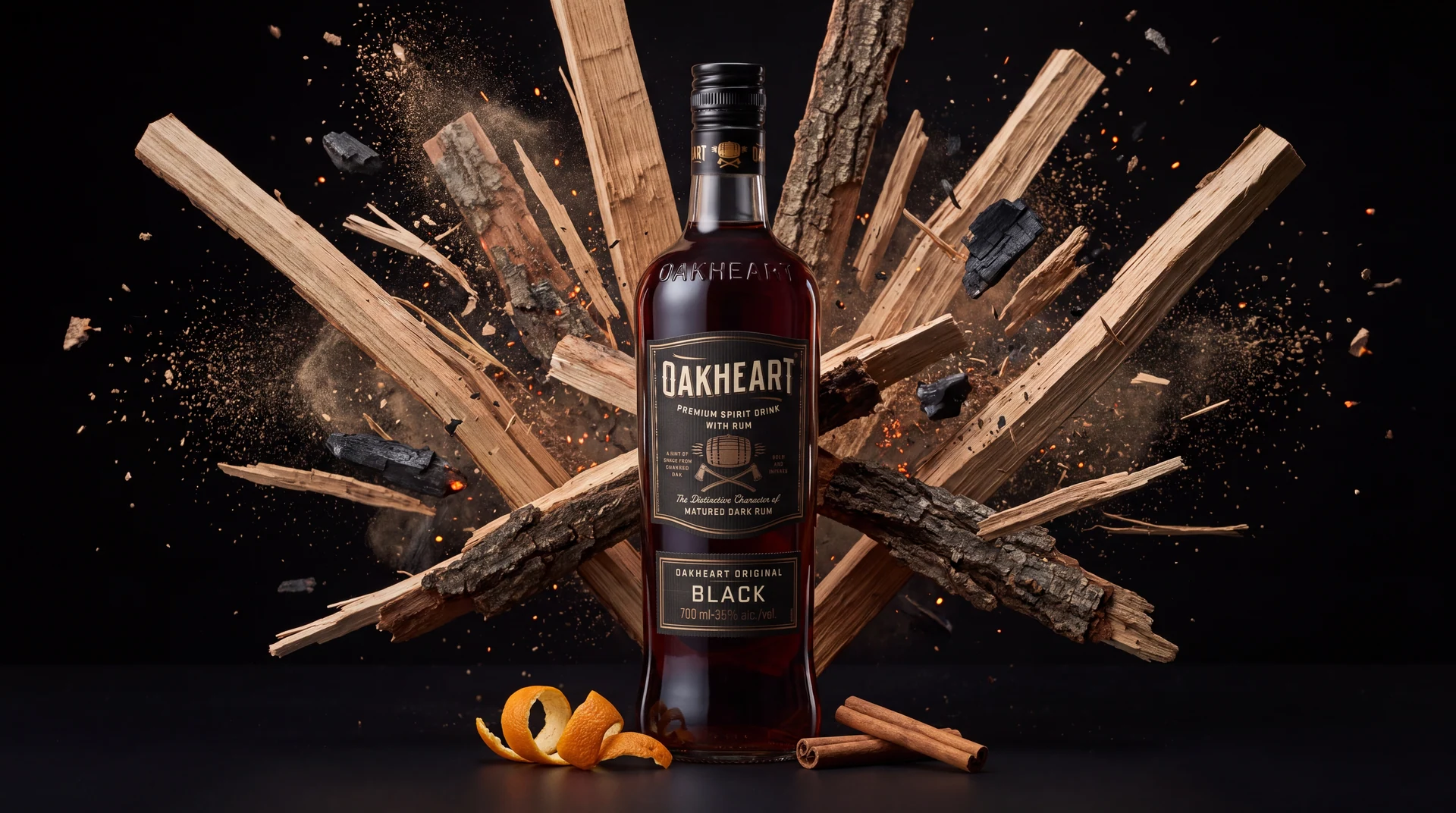 Oakheart Black — Flasche, Holz und Geschmacksdetails.