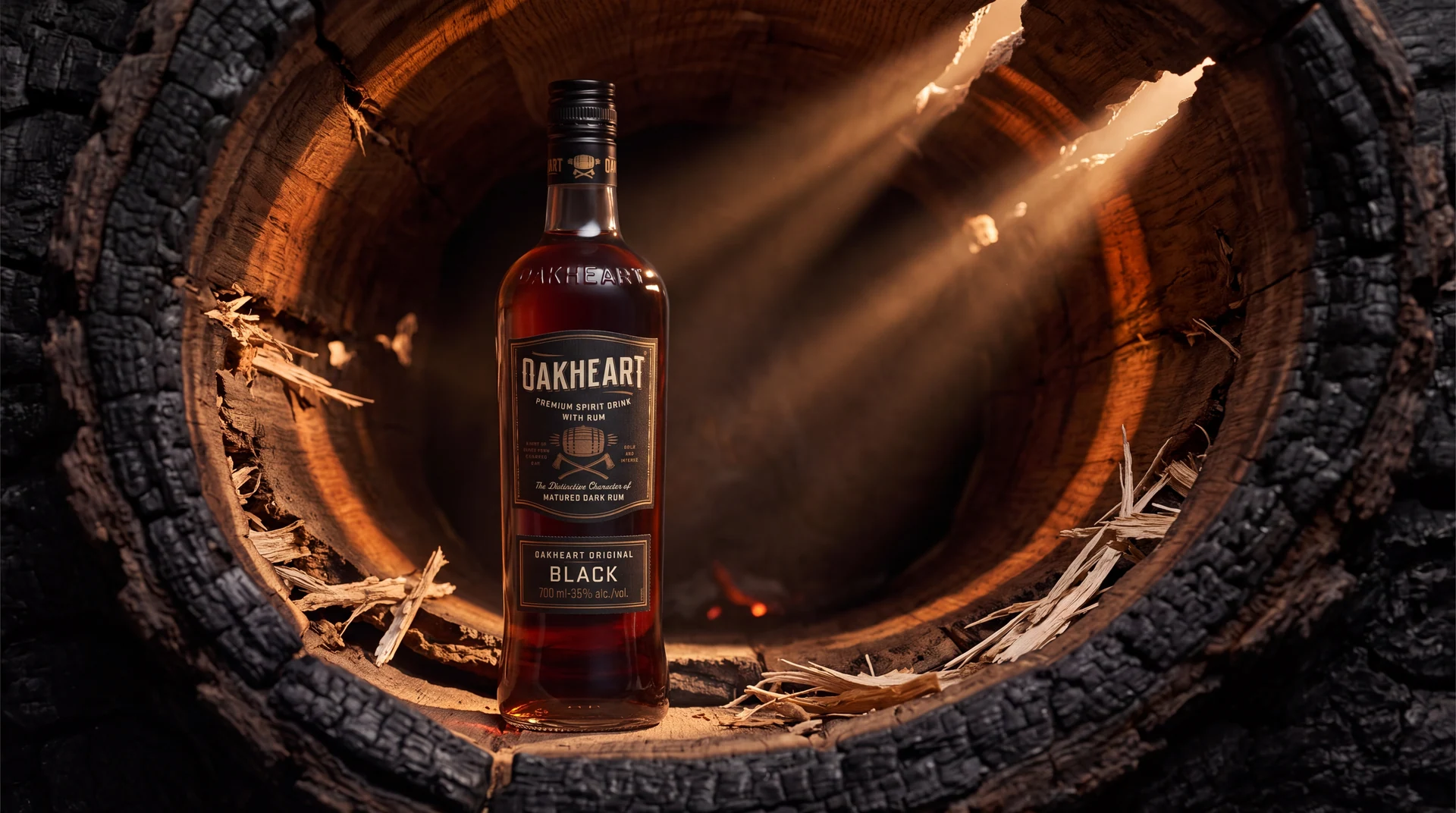 Oakheart Black — Lichtvarianten in einer Holzumgebung.