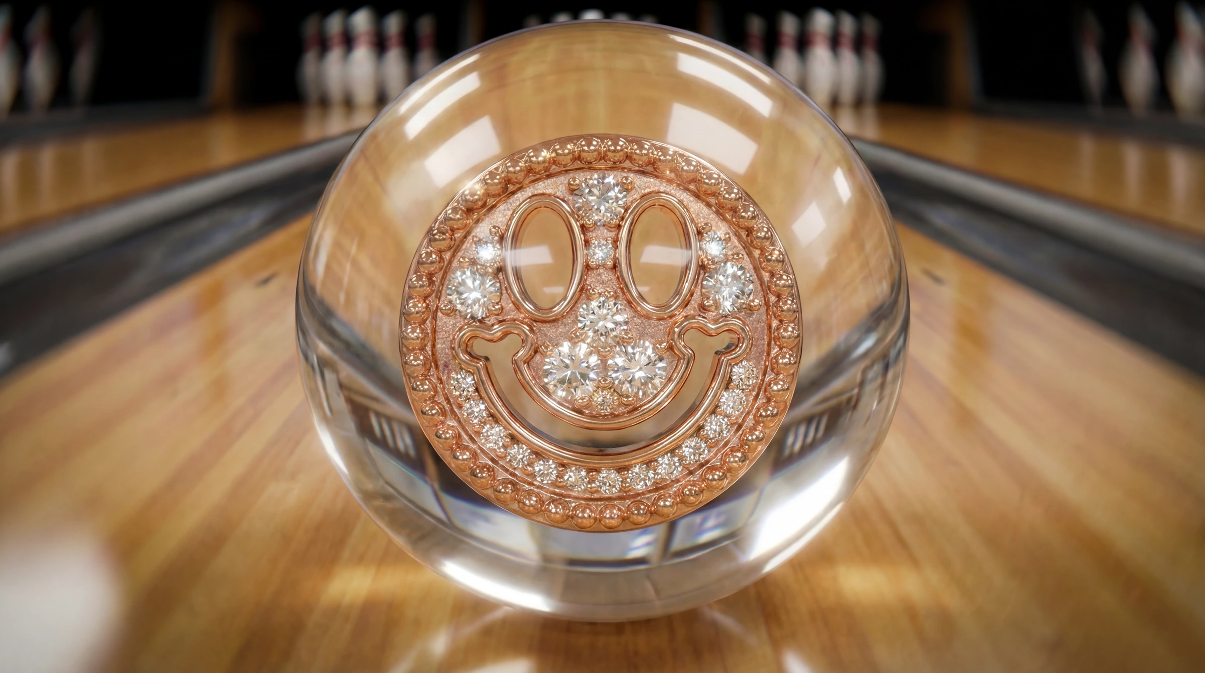 Goldener Smiley in transparenter Kugel: Reflexion und Brechung