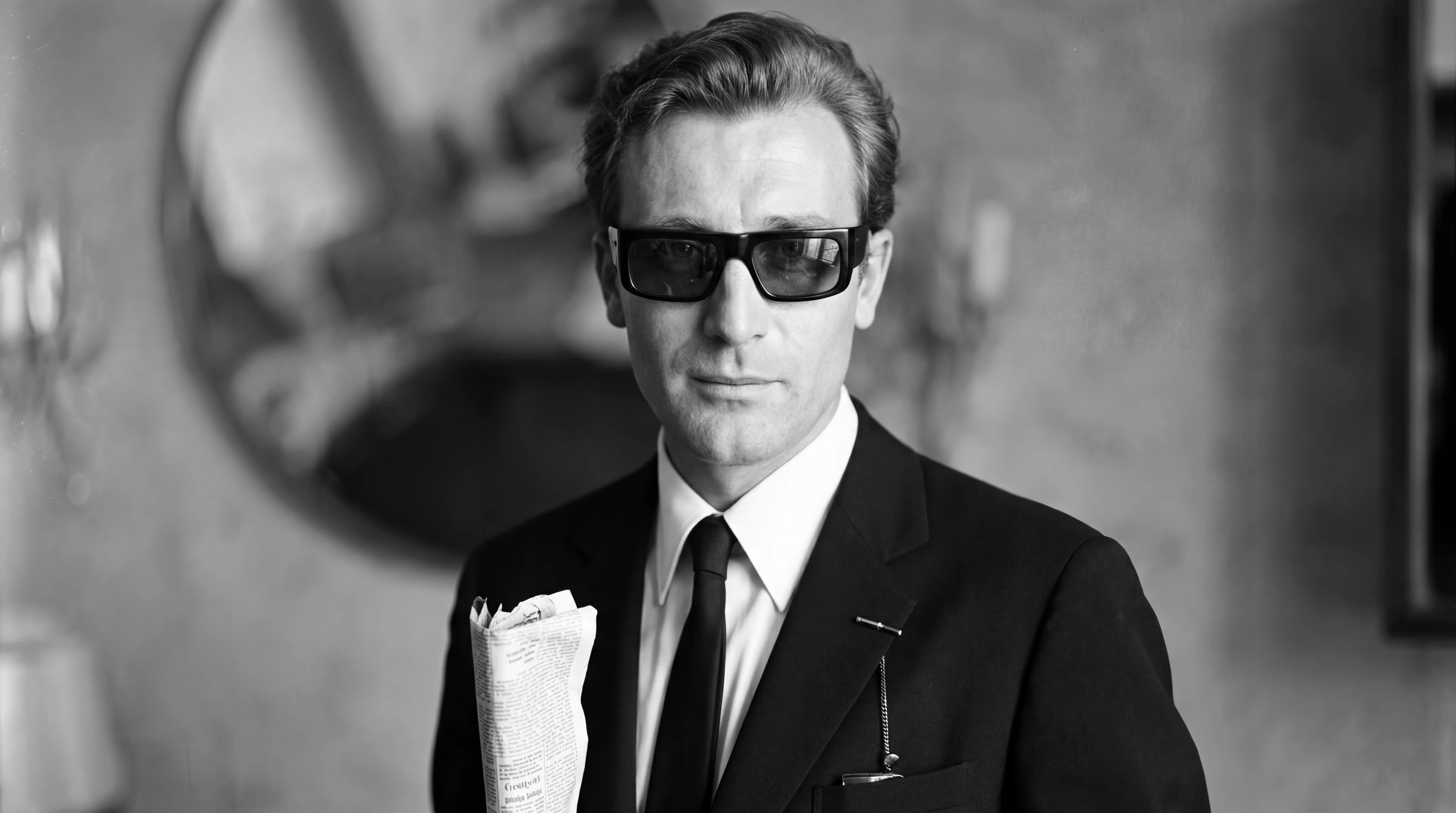 Imagen escenificada en blanco y negro: personaje con traje y gafas