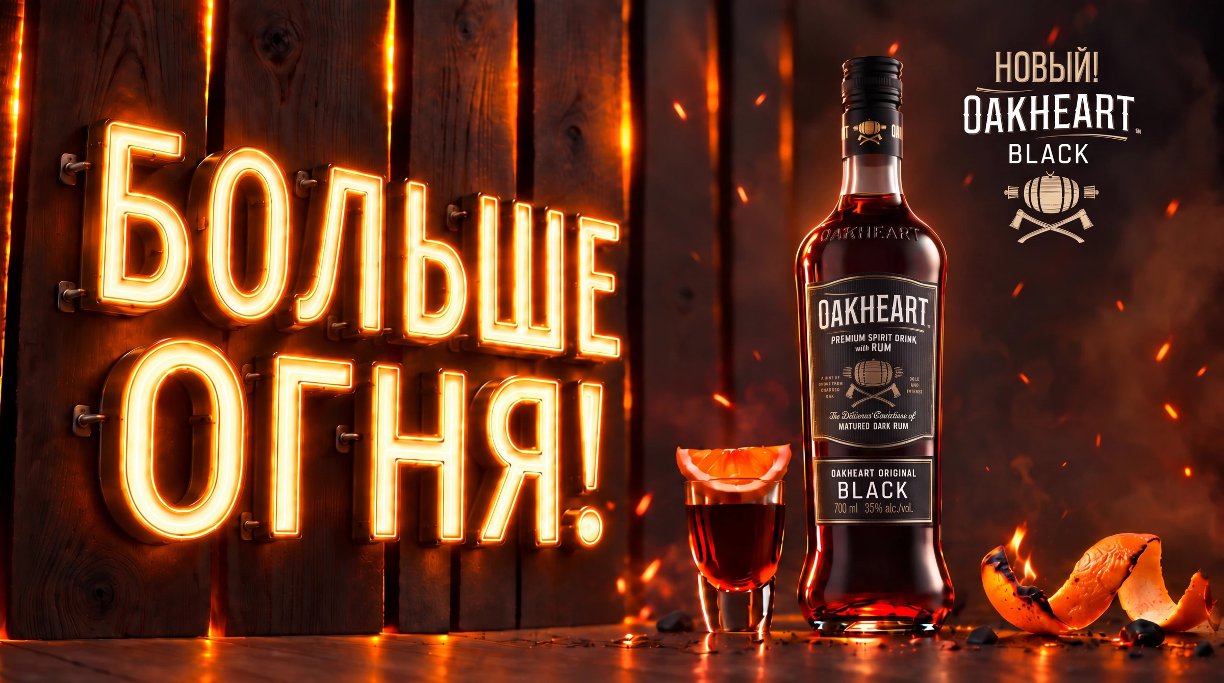 Oakheart Black — Oakheart: Flasche, Holztextur und feuerbetonte Typografie