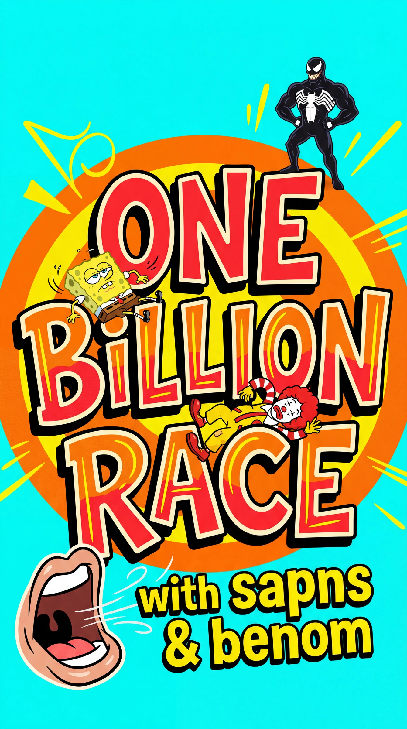 One Billion Race: Figuren, Titel und cyanfarbene Grafikumgebung