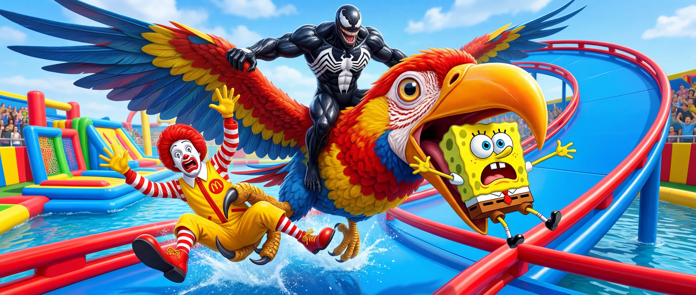 SpongeBob und Figuren von One Billion Race in einem bunten Freizeitpark