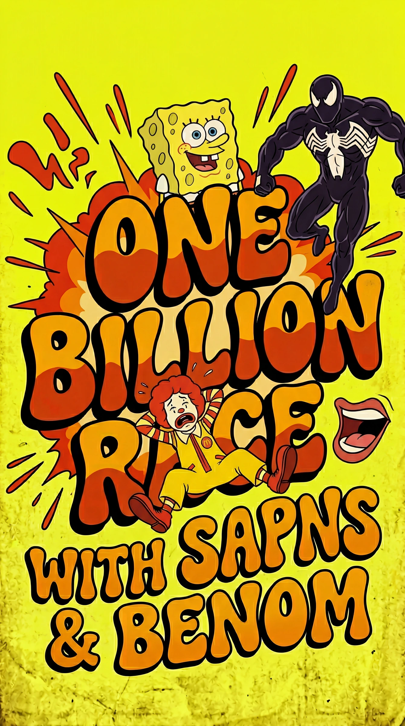 One Billion Race: gelbes Plakat mit gezeichnetem Schriftzug und Figuren